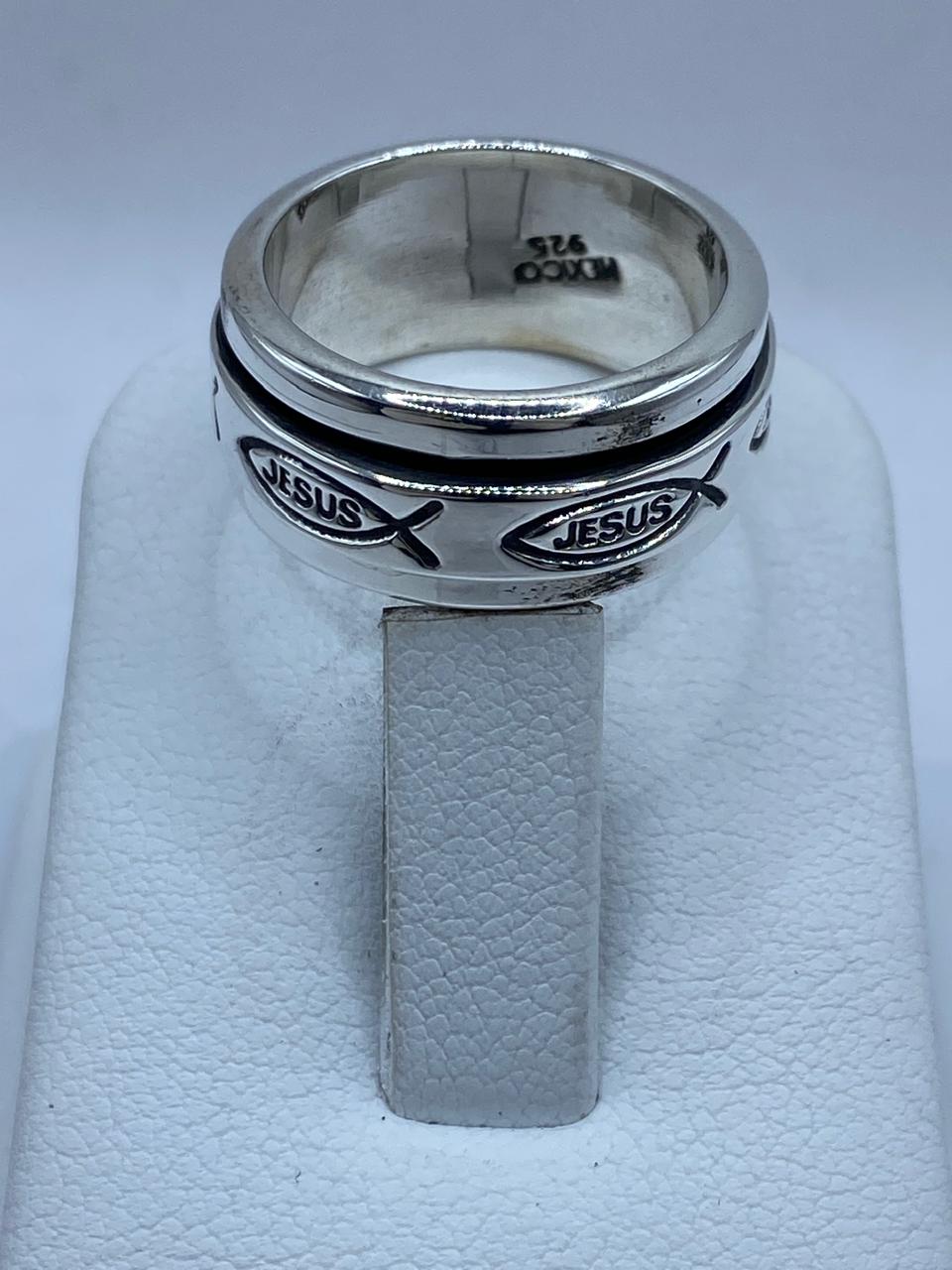 Anillo Giratorio de Plata 925 con Símbolo Ichthys y Nombre Jesús, sello de autenticidad Plata Ley .925