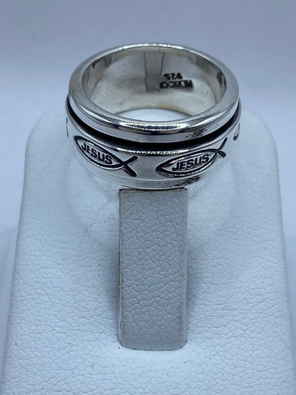 Anillo Giratorio de Plata 925 con Símbolo Ichthys y Nombre Jesús, sello de autenticidad Plata Ley .925
