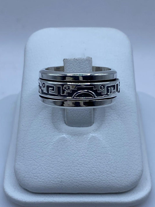 Anillo Giratorio de Plata 925 con Diseño Prehispánico — vista lateral
