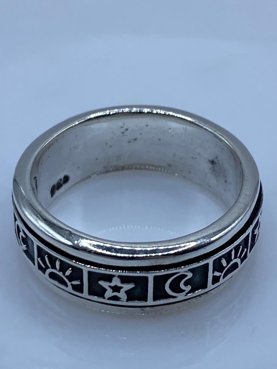 Anillo Giratorio de Plata 925 con Diseño Sol, Luna y Estrell, sello de autenticidad Plata Ley .925