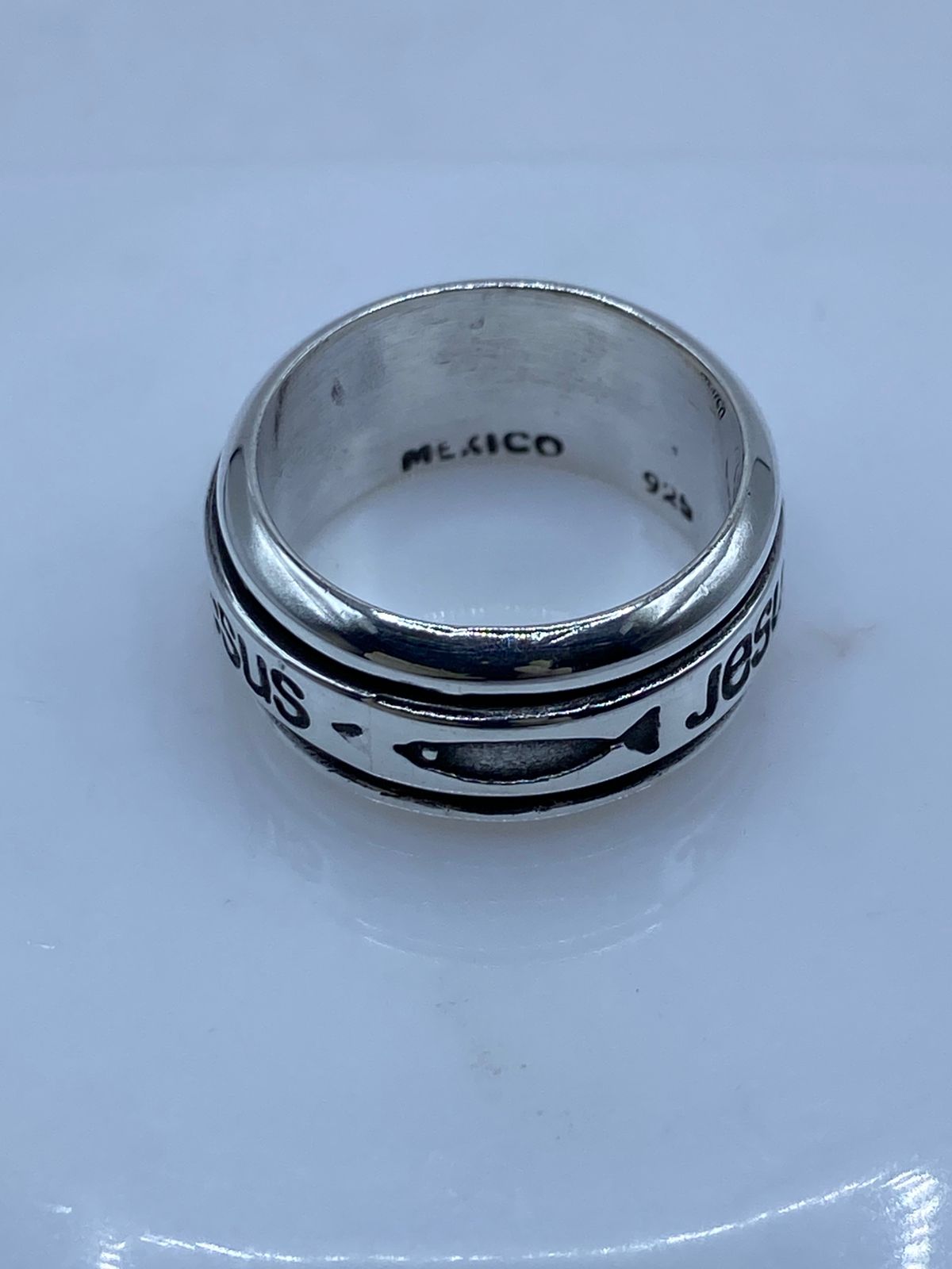Anillo Giratorio de Plata 925 “jesús” con Símbolos Cristianos, sello de autenticidad Plata Ley .925