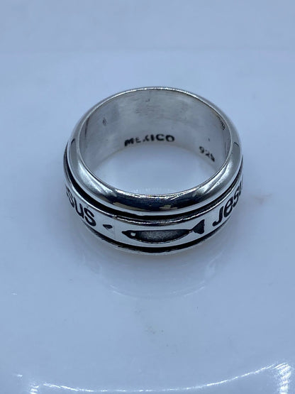 Anillo Giratorio de Plata 925 “jesús” con Símbolos Cristianos, sello de autenticidad Plata Ley .925