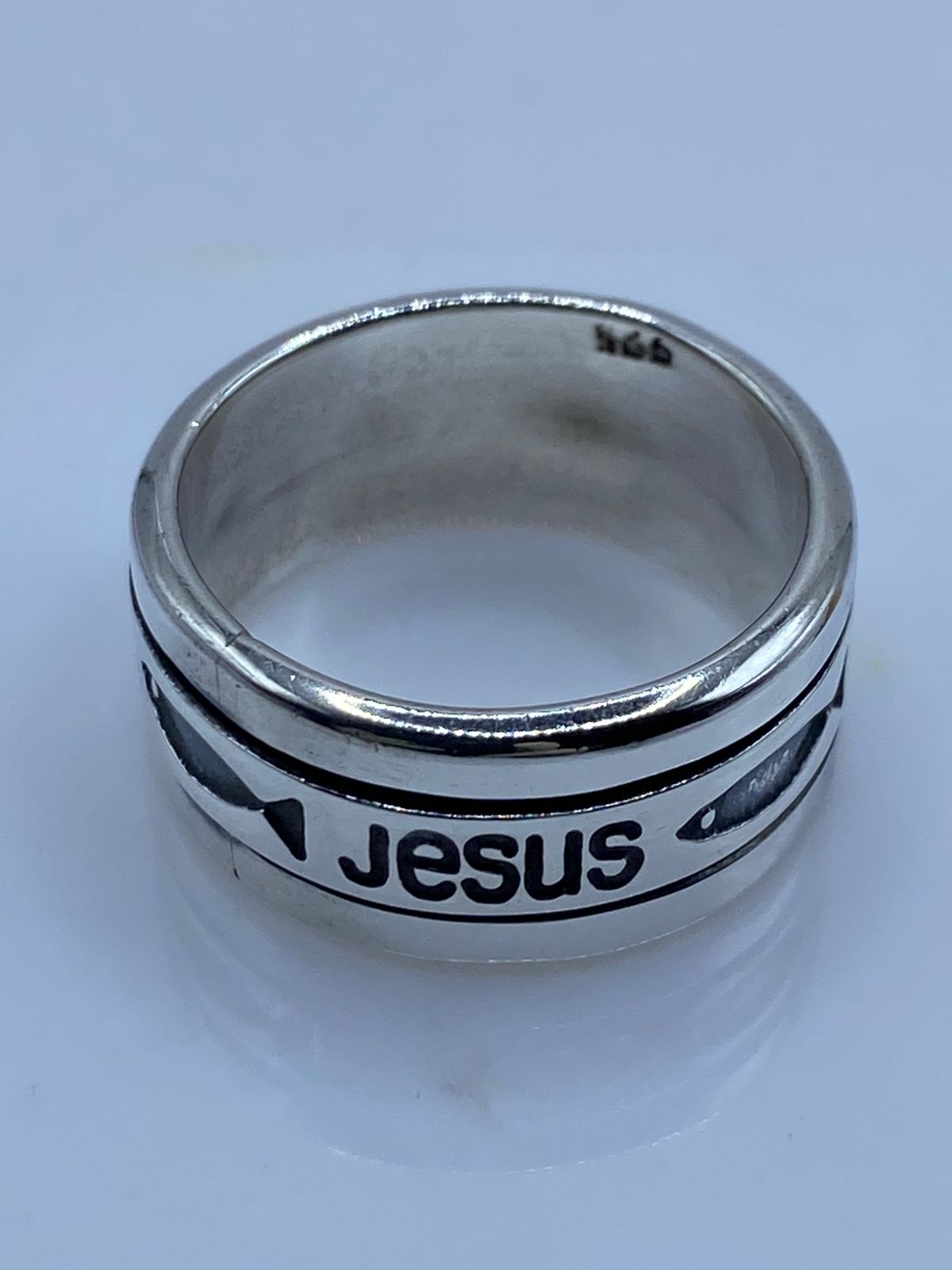 Anillo Giratorio de Plata 925 con Nombre de Jesús y Símbolo Ichthys, sello de autenticidad Plata Ley .925