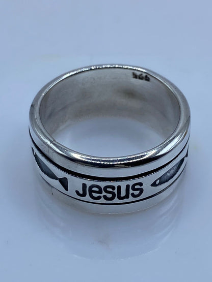 Anillo Giratorio de Plata 925 con Nombre de Jesús y Símbolo Ichthys, sello de autenticidad Plata Ley .925