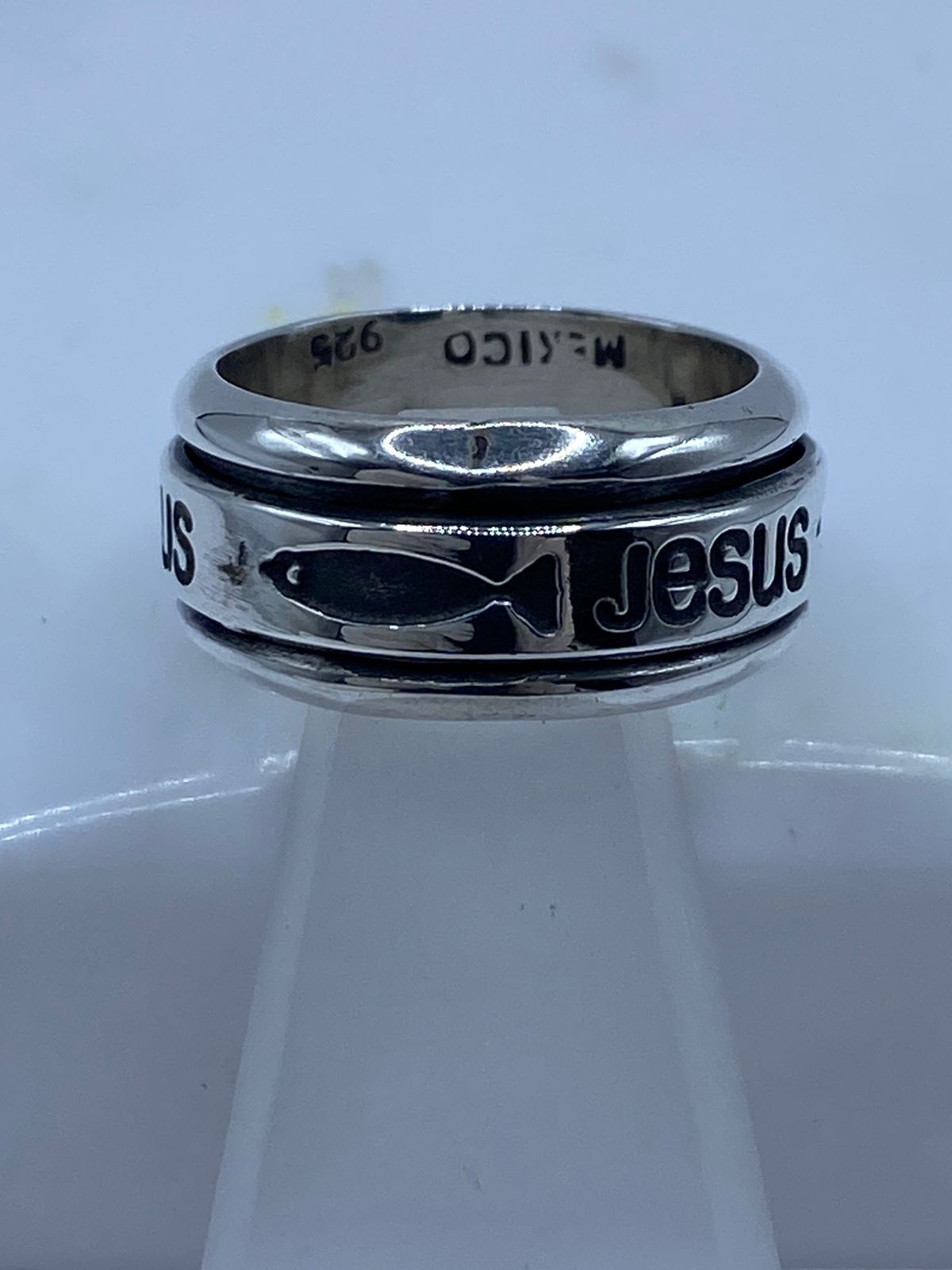 Anillo Giratorio de Plata 925 “JESÚS” con Símbolo Cristiano Ichthys , sello de autenticidad Plata Ley .925