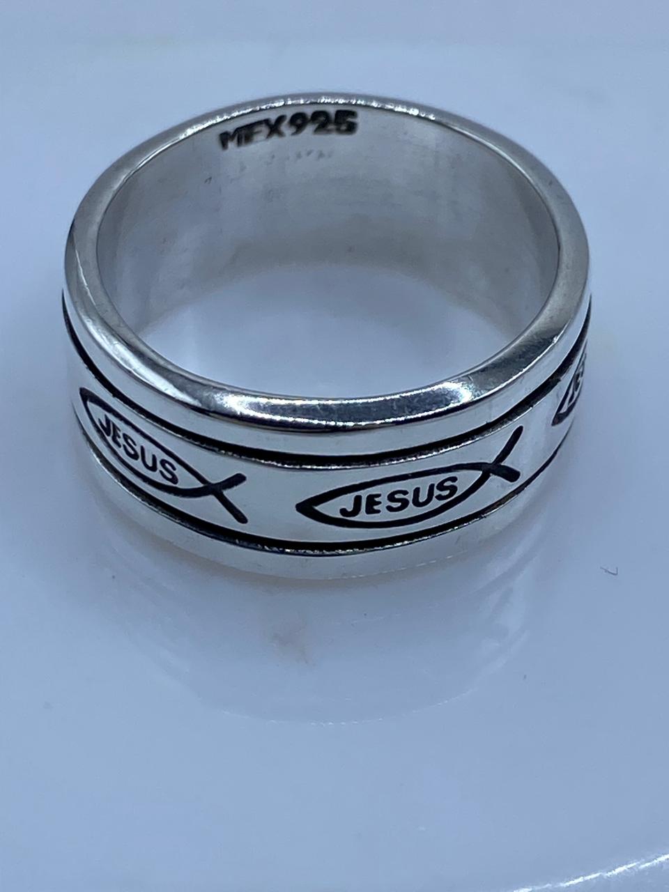 Anillo Giratorio de Plata .925 “jesús” con Símbolo Ichthys, sello de autenticidad Plata Ley .925