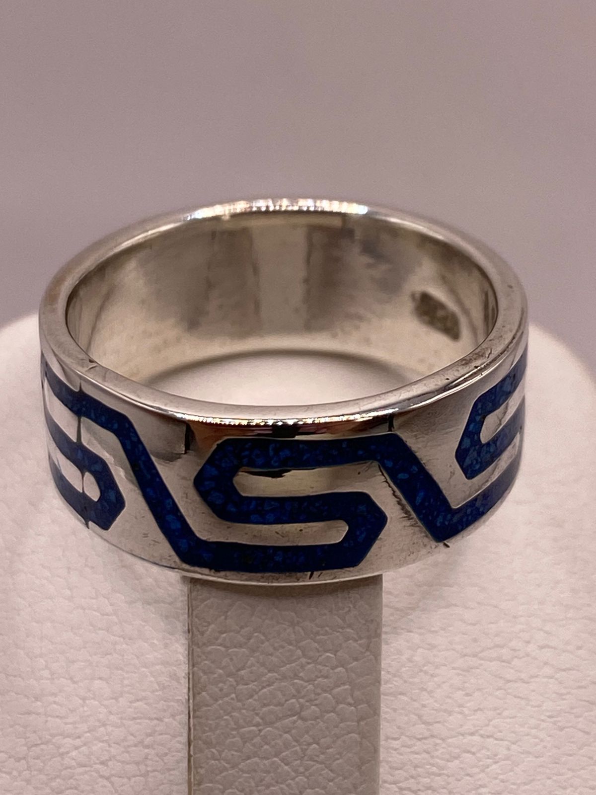 Anillo Greca Azul de Plata .925 con Incrustaciones, sello de autenticidad Plata Ley .925