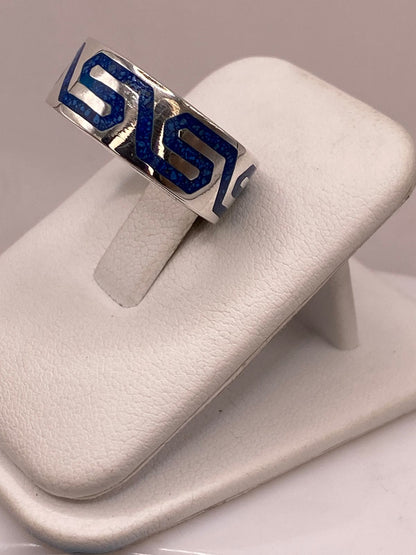 Anillo Greca Azul de Plata .925 con Incrustaciones, vista lateral