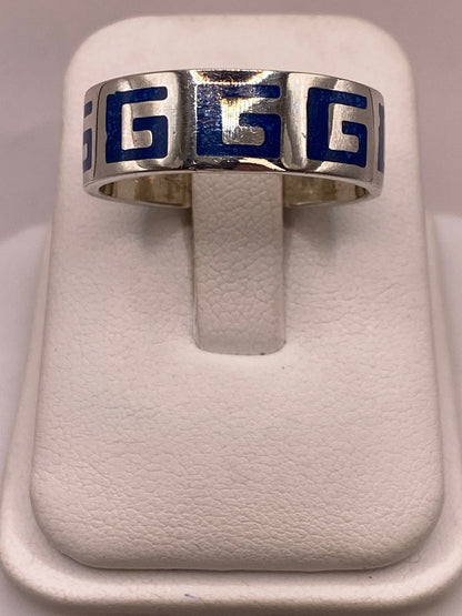 Anillo Greca Azul de Plata .925 con Incrustaciones, vista lateral