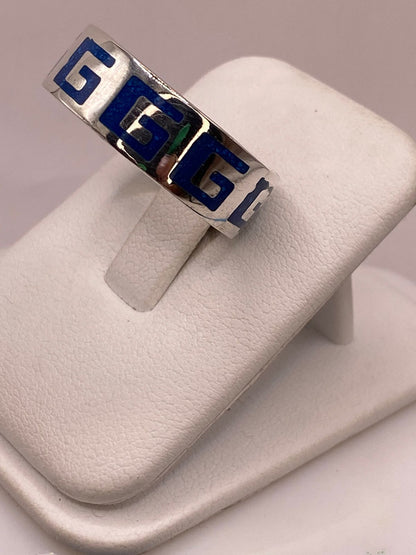 Anillo Greca Azul de Plata .925 con Incrustaciones, vista frontal