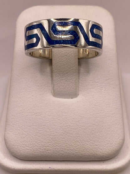 Anillo Greca Azul de Plata .925 con Incrustaciones, vista lateral