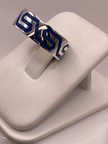 Anillo Greca Azul de Plata .925 con Incrustaciones, vista frontal