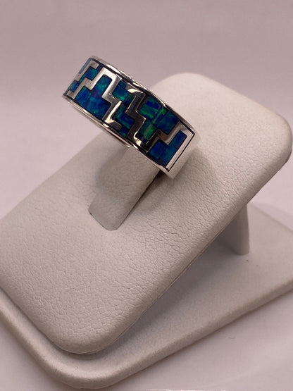 Anillo Greca Geometrica Continua con Ópalo de Fuego en Plata .950, vista lateral
