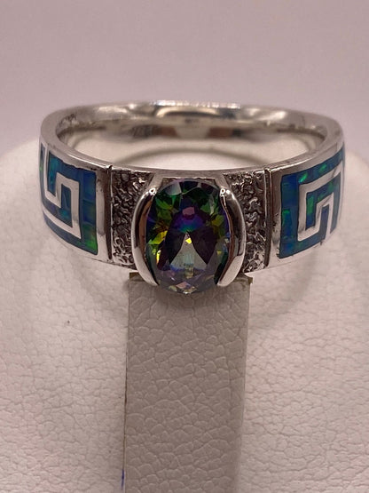 Anillo Greca Geométrica con Ópalo de Fuego y Zirconia en Plata .950, vista superior