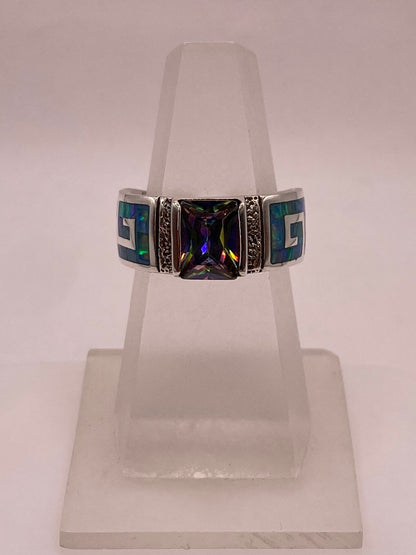 Anillo de Greca Geométrica con Ópalo de Fuego y Zirconia en Plata .950, vista lateral
