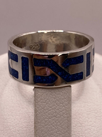 Anillo Greca Geométrica con Piedra Incrustada Azul de Plata .925, sello de autenticidad Plata Ley .925