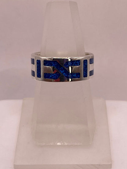 Anillo Greca Geométrica con Piedra Incrustada Azul de Plata .925, vista frontal