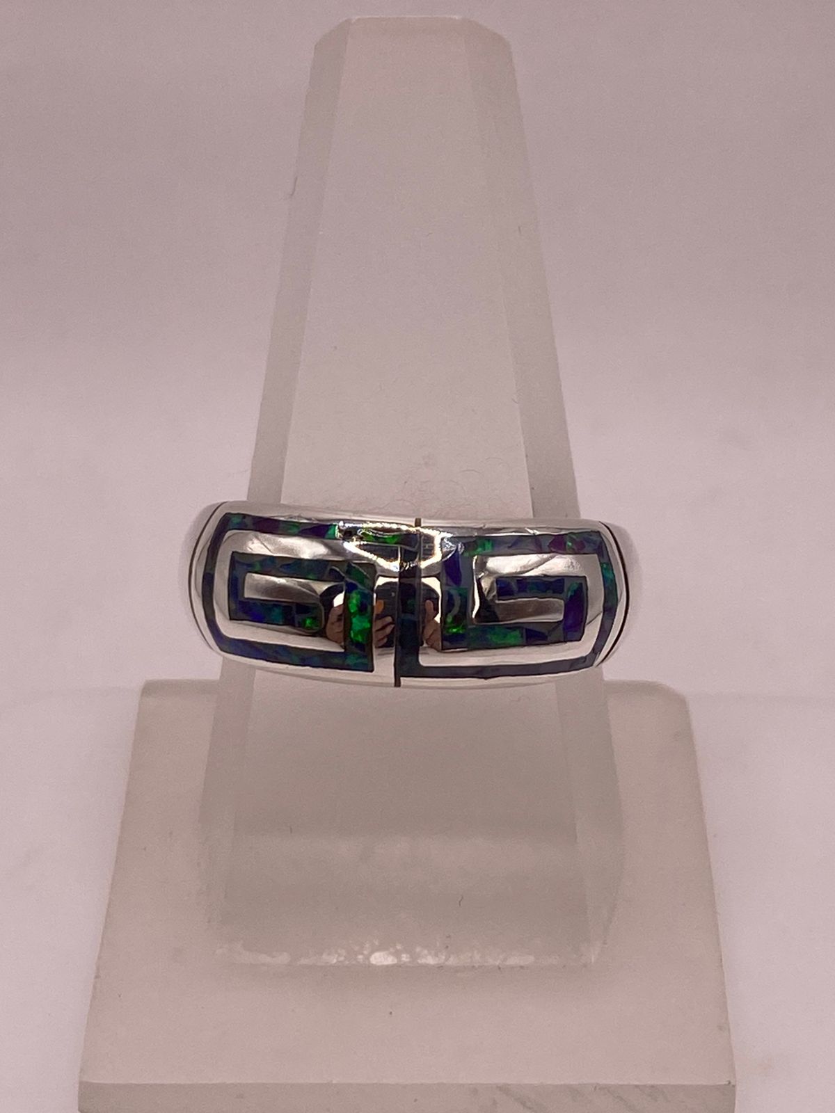 Anillo Greca Geomitrica con Ópalo de Fuego en Plata .950, vista lateral