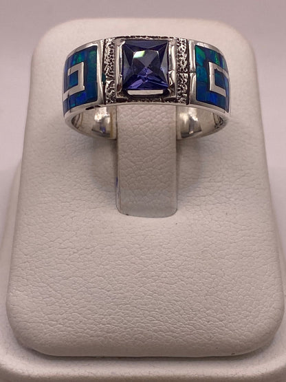 Anillo Greca Imperial de Plata 950 con Ópalo de Fuego y Zirconia, vista frontal