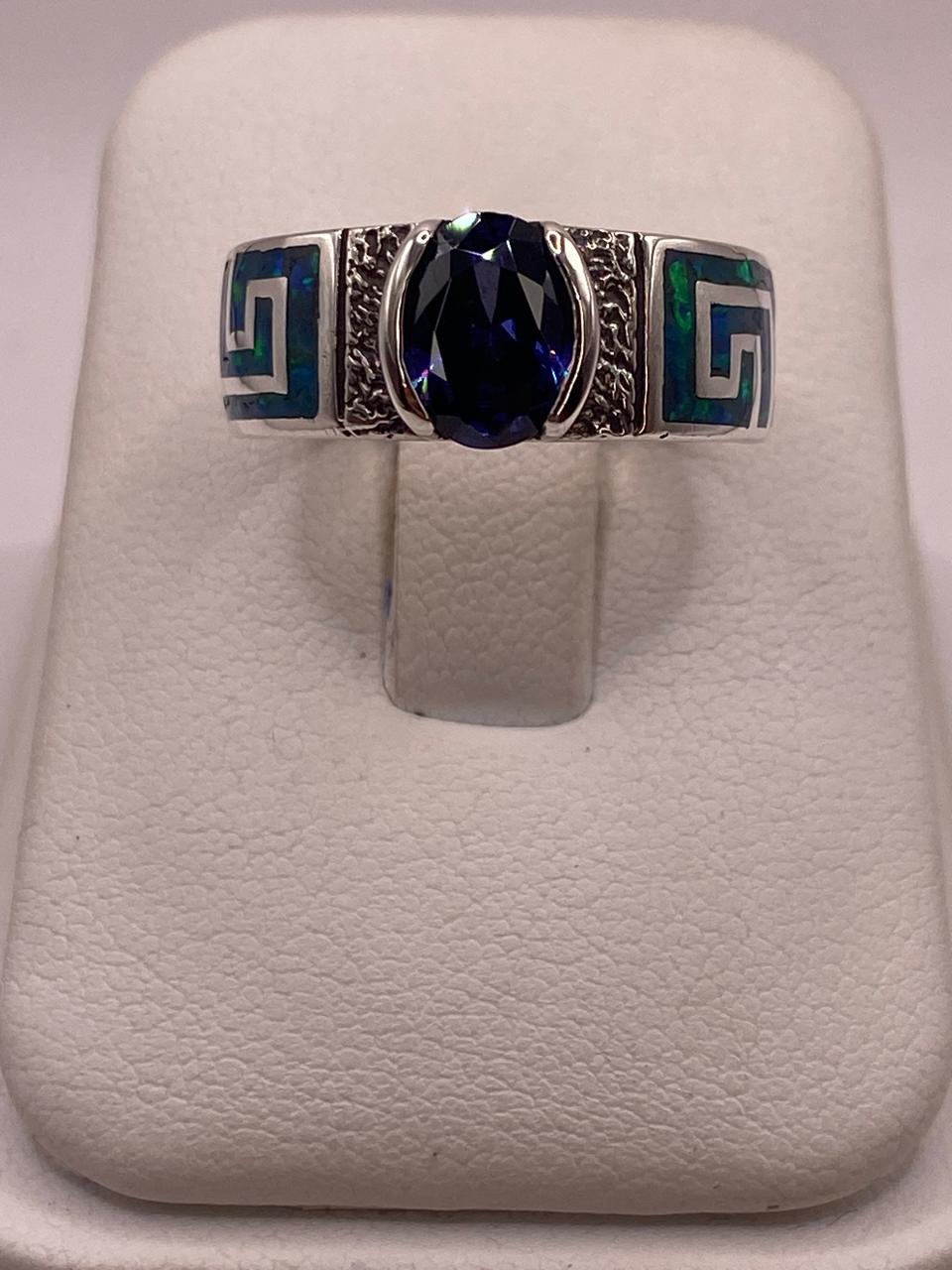 Anillo de Greca con Ópalo de Fuego y Zirconia en Plata .950, vista frontal