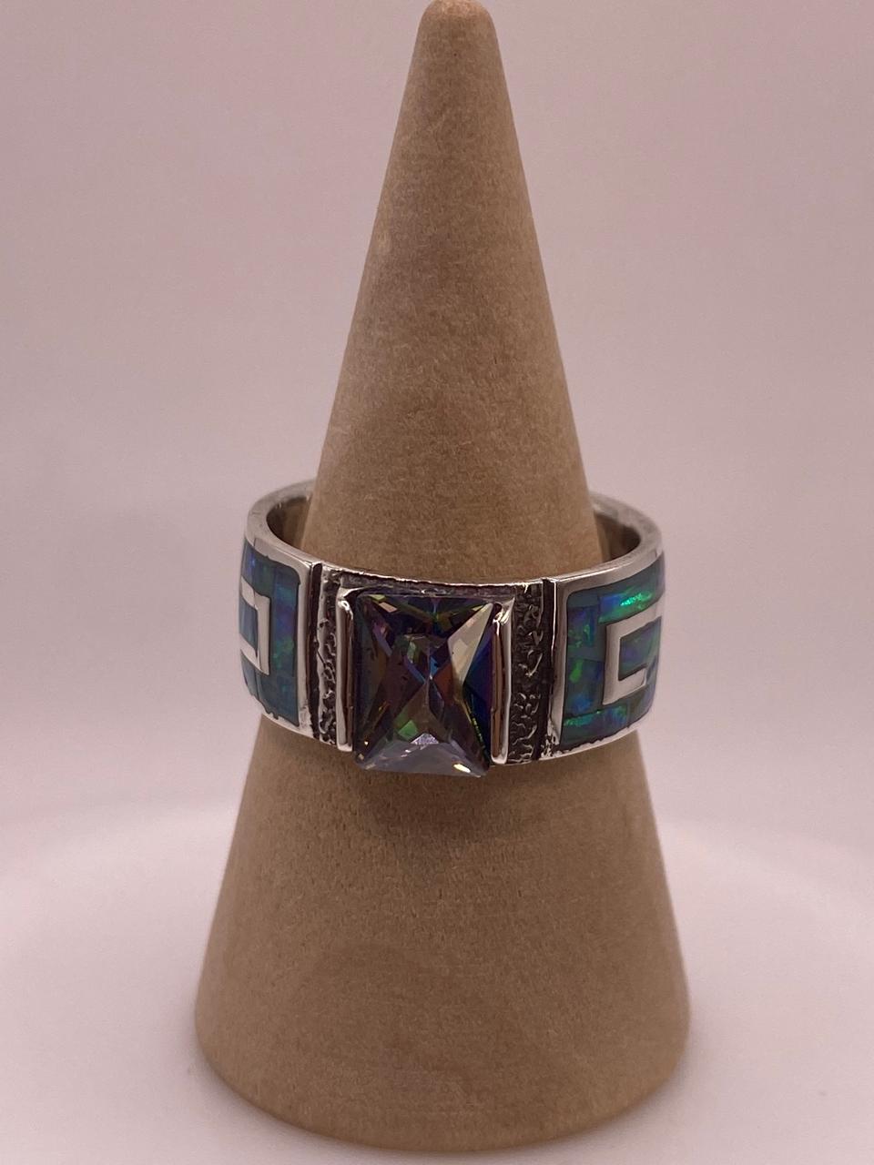 Anillo de Greca con Ópalo de Fuego y Zirconia en Plata .950, vista lateral