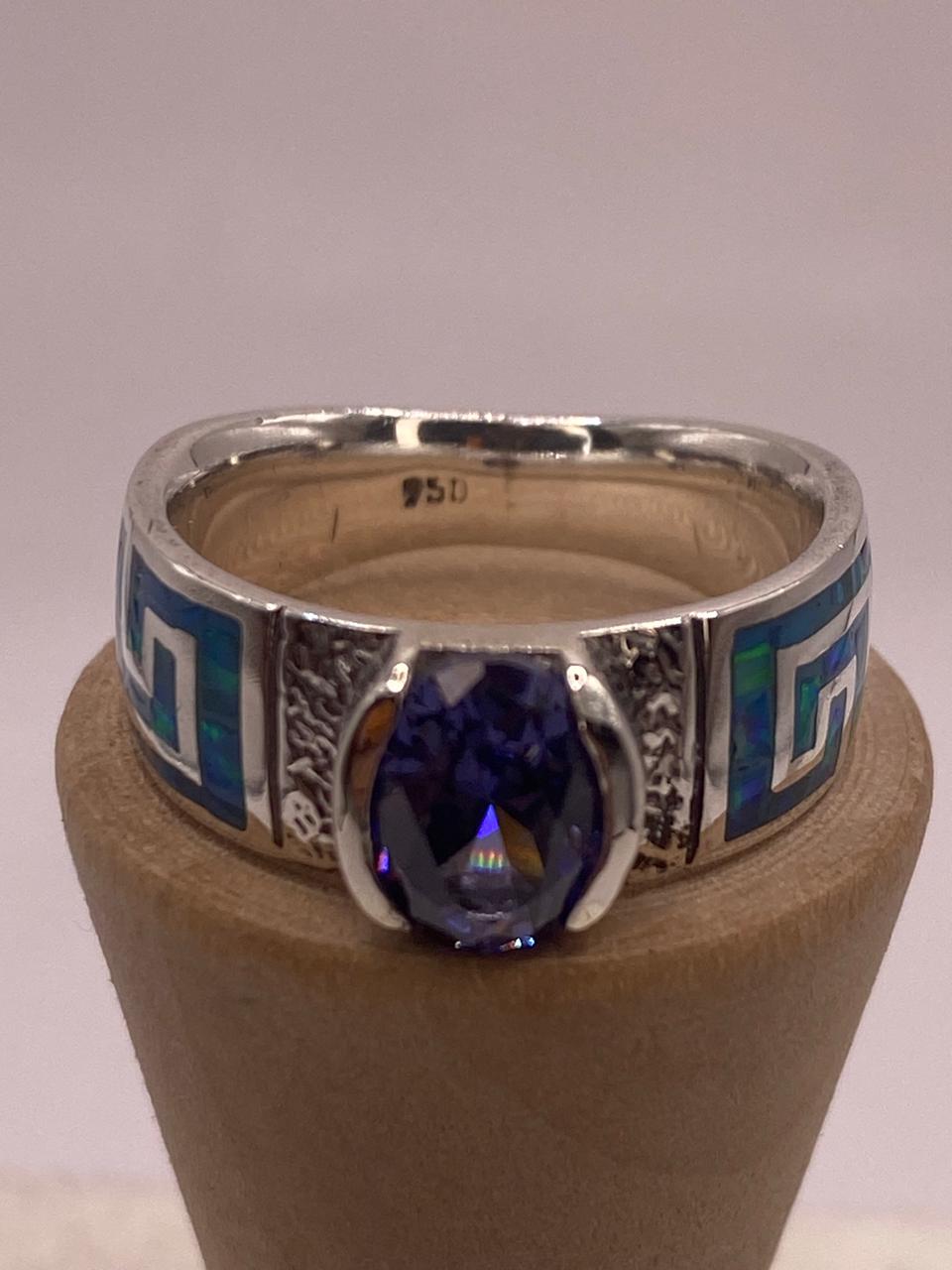 Anillo de Greca con Ópalo de Fuego y Zirconia en Plata .950, sello de autenticidad Plata Ley .925