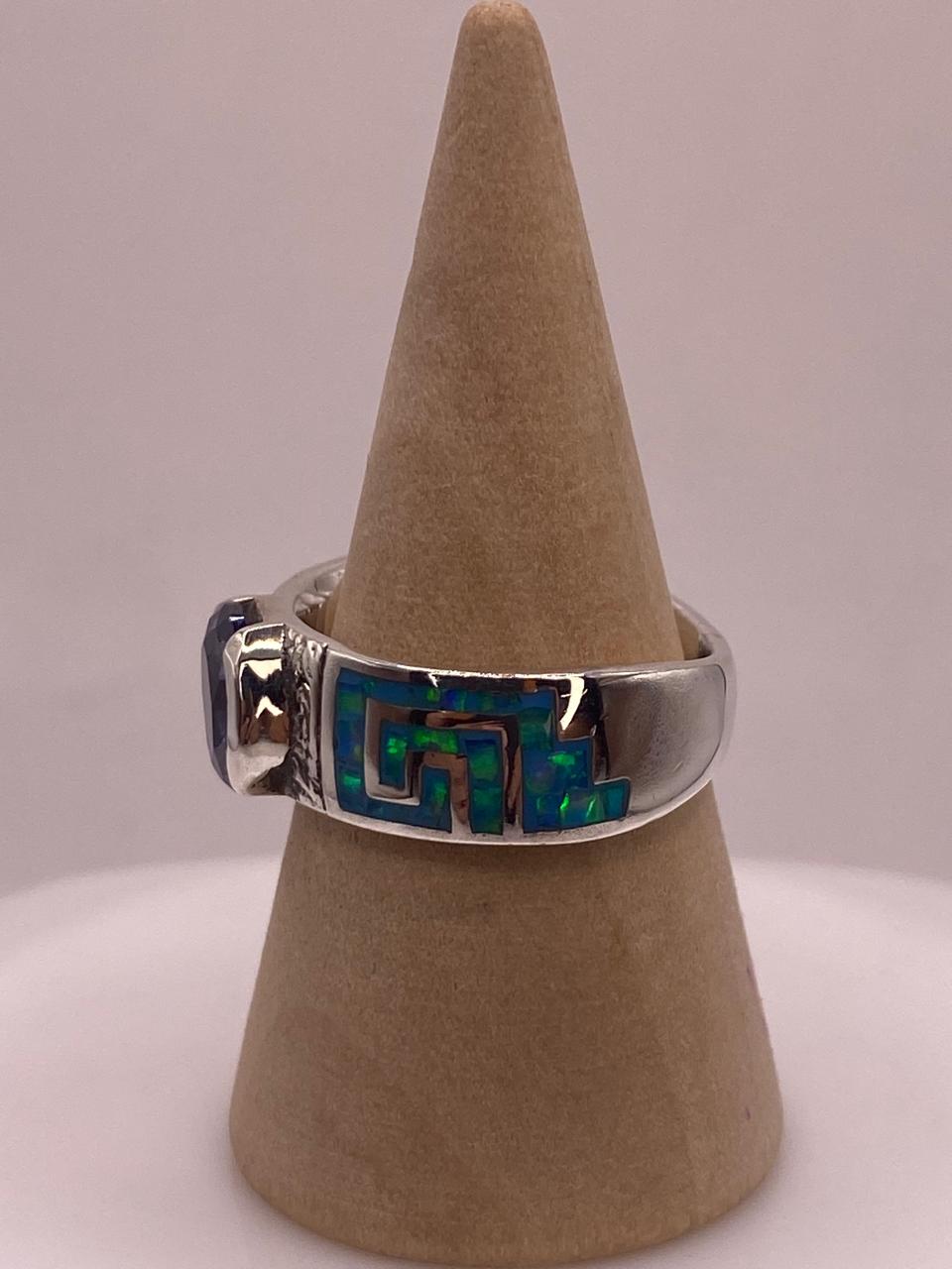 Anillo de Greca con Ópalo de Fuego y Zirconia en Plata .950, vista frontal
