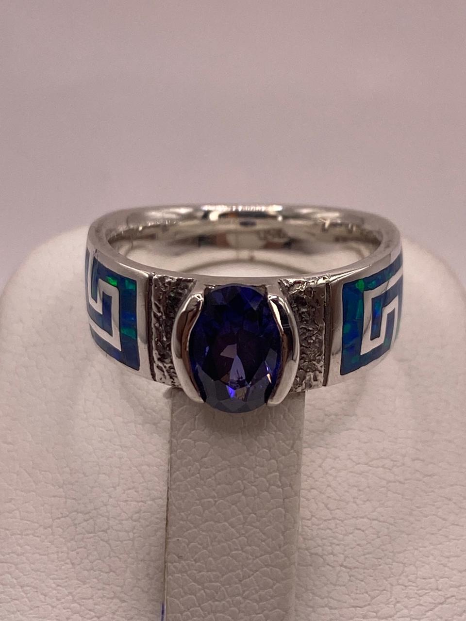 Anillo de Greca con Ópalo de Fuego y Circonia en Plata .950, vista superior
