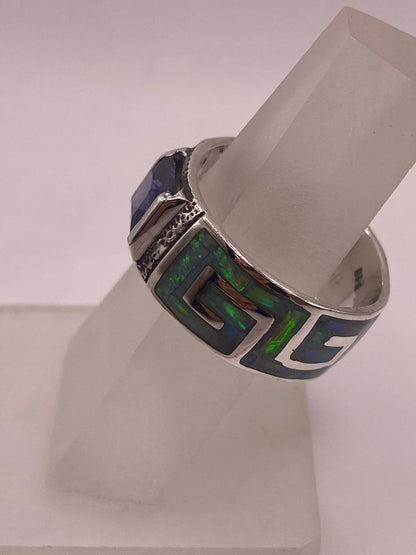 Anillo Greca Ópalo de Fuego & Zirconia Zafiro Plata 950, vista de detalle