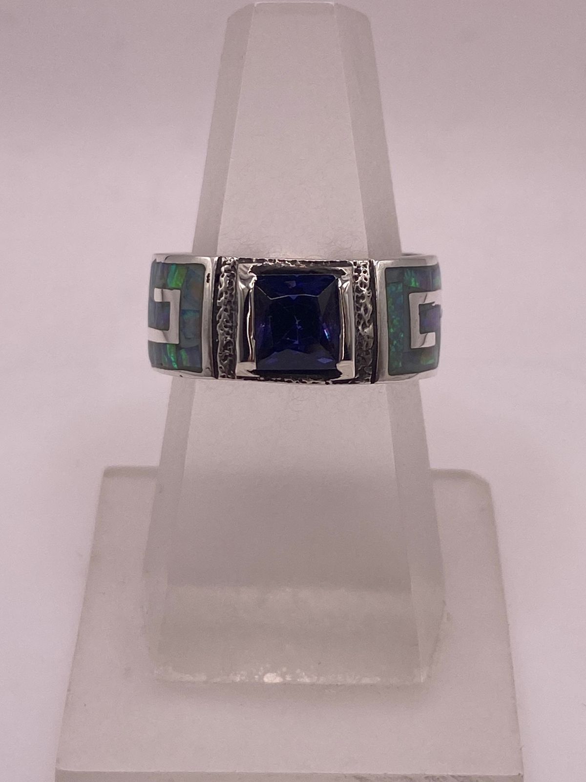 Anillo Greca Ópalo de Fuego & Zirconia Zafiro Plata 950 — ángulo diagonal