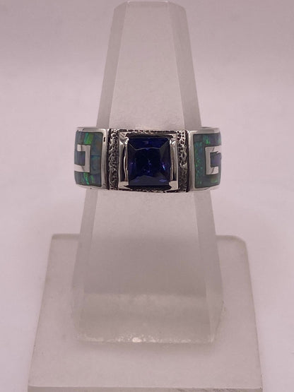 Anillo Greca Ópalo de Fuego & Zirconia Zafiro Plata 950 — ángulo diagonal