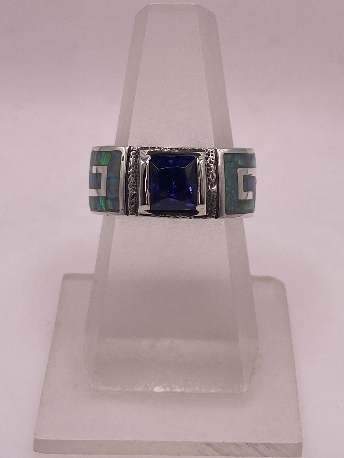 Anillo Greca Ópalo de Fuego & Zirconia Zafiro Plata 950, vista lateral