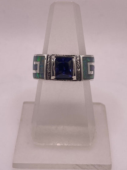 Anillo Greca Ópalo de Fuego & Zirconia Zafiro Plata 950, vista lateral