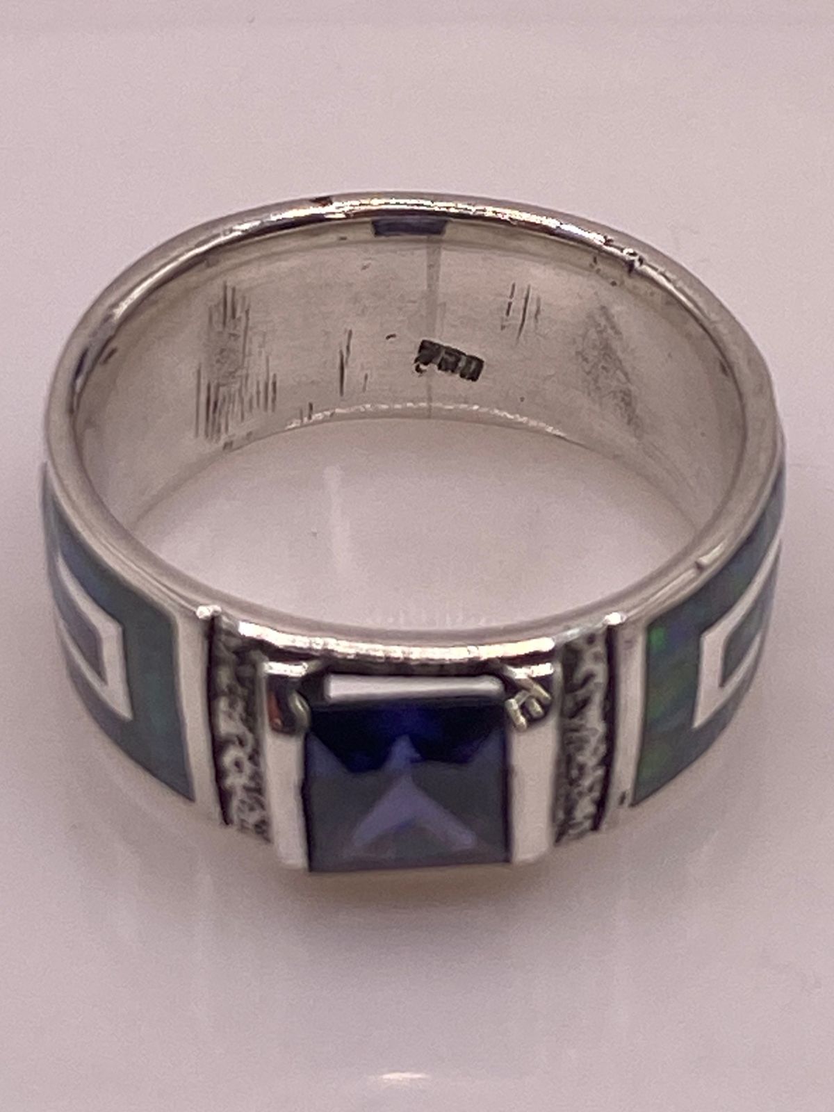 Anillo Greca Ópalo de Fuego & Zirconia Zafiro Plata 950, sello de autenticidad Plata Ley .925