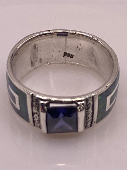 Anillo Greca Ópalo de Fuego & Zirconia Zafiro Plata 950, sello de autenticidad Plata Ley .925