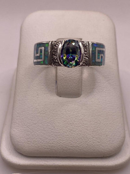 Anillo de Greca con Ópalo de Fuego y Zirconia en Plata .950, vista frontal