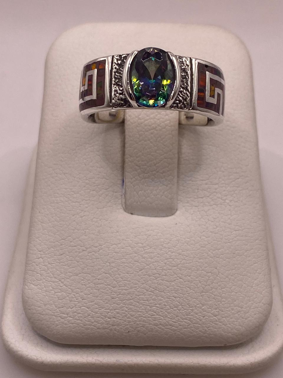Anillo de Greca con Ópalo de Fuego y Zirconia en Plata .950, vista lateral