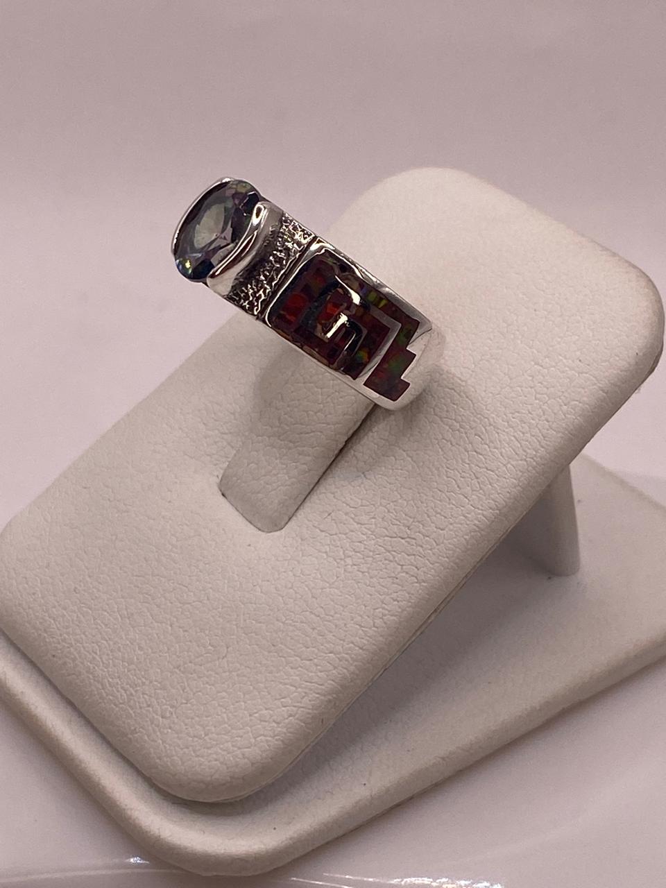 Anillo de Greca con Ópalo de Fuego y Zirconia en Plata .950, vista frontal