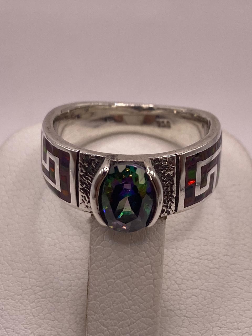 Anillo de Greca con Ópalo de Fuego y Zirconia en Plata .950, sello de autenticidad Plata Ley .925