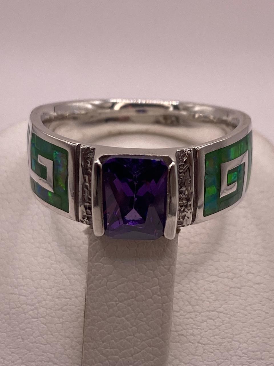 Anillo de Greca con Ópalo de Fuego y Zirconia en Plata .950, vista superior