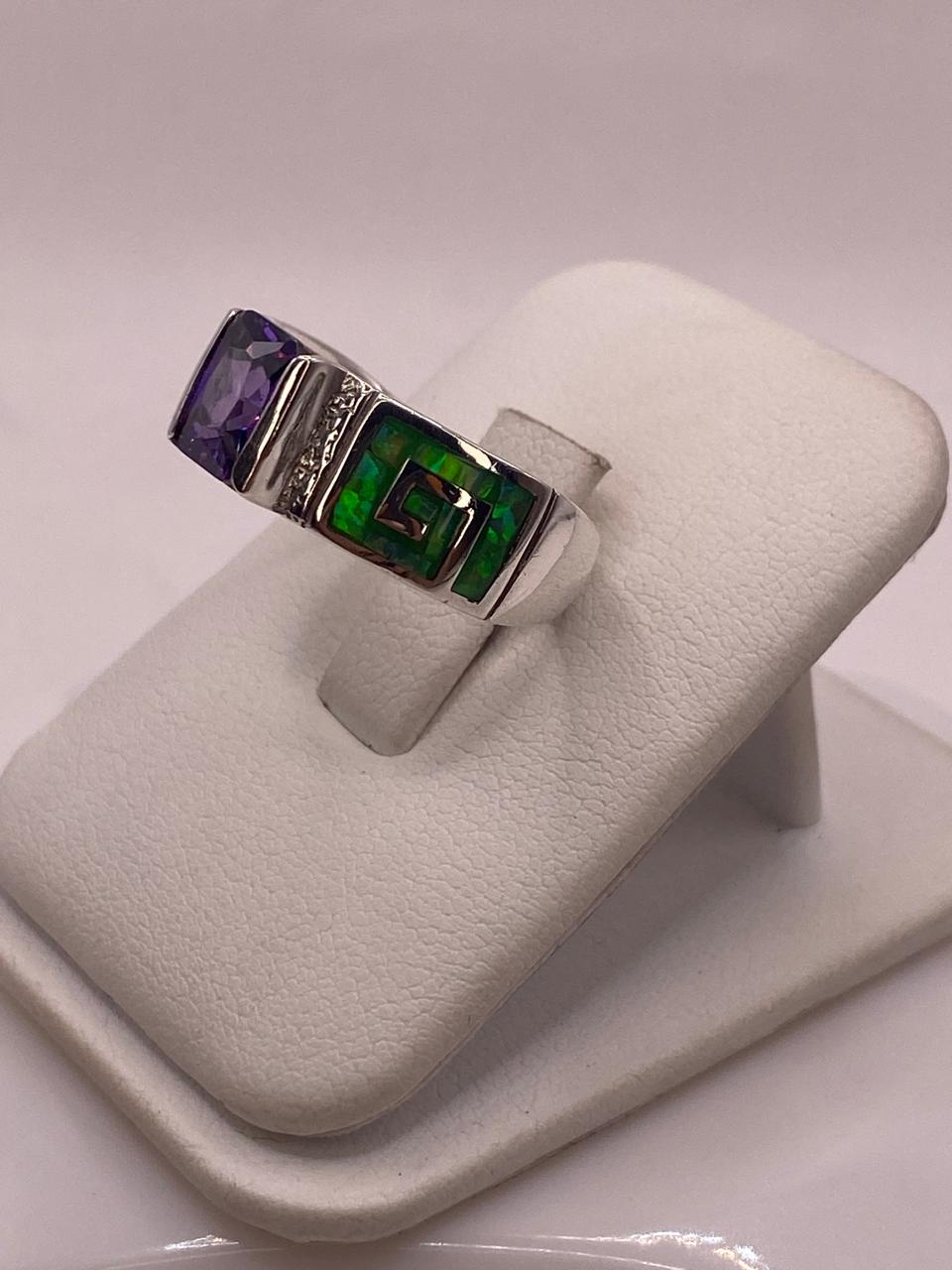 Anillo de Greca con Ópalo de Fuego y Zirconia en Plata .950, vista lateral