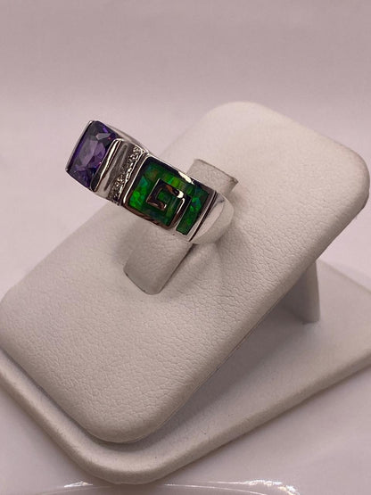 Anillo de Greca con Ópalo de Fuego y Zirconia en Plata .950, vista lateral