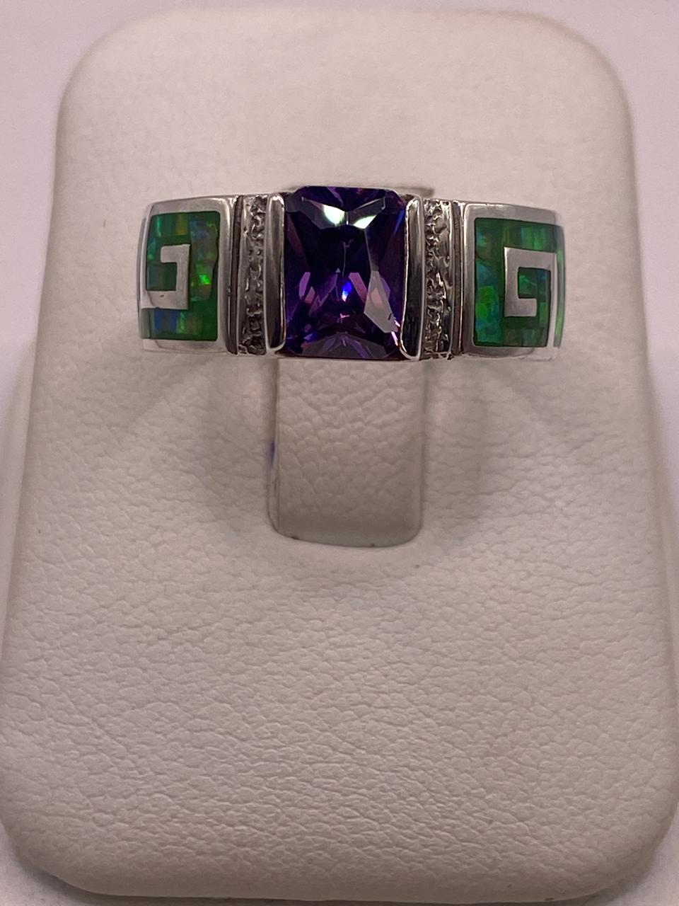 Anillo de Greca con Ópalo de Fuego y Zirconia en Plata .950, vista de detalle