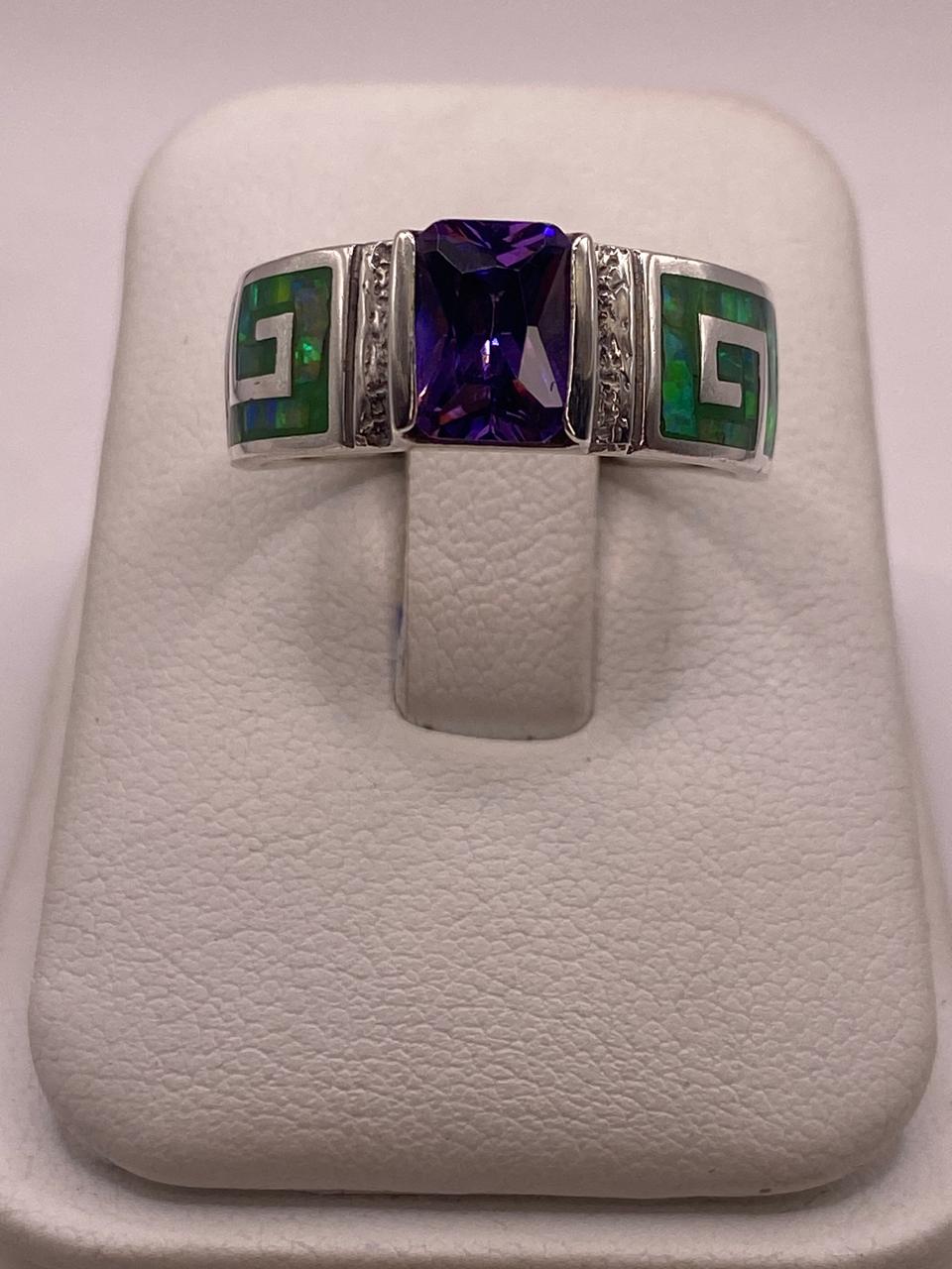 Anillo de Greca con Ópalo de Fuego y Zirconia en Plata .950, vista frontal