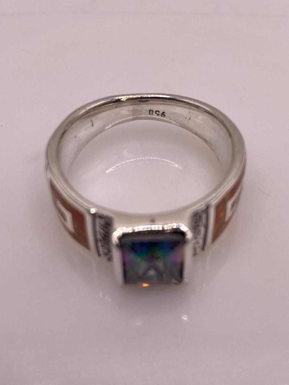 Anillo Greca de Plata 950 con Ópalo de Fuego y Zirconia, sello de autenticidad Plata Ley .925