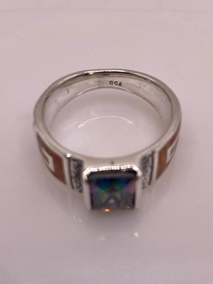 Anillo Greca de Plata 950 con Ópalo de Fuego y Zirconia, sello de autenticidad Plata Ley .925