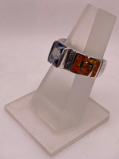 Anillo Greca de Plata 950 con Ópalo de Fuego y Zirconia, vista frontal