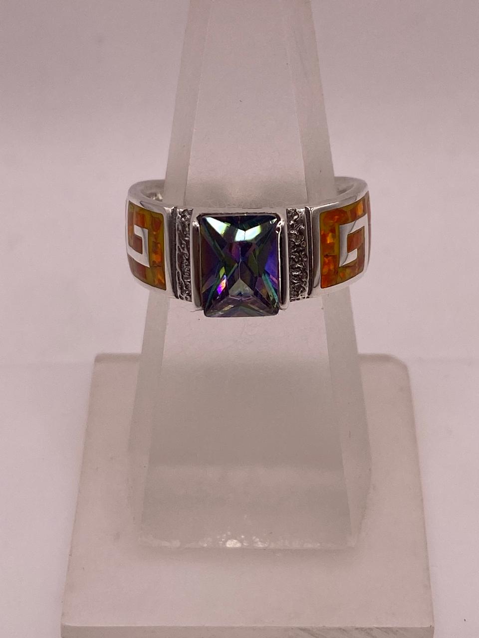 Anillo Greca de Plata 950 con Ópalo de Fuego y Zirconia, vista lateral