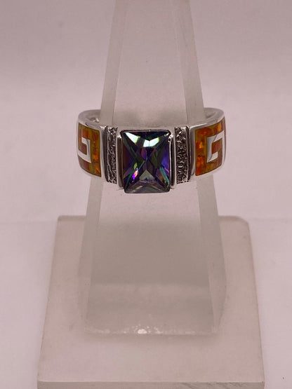 Anillo Greca de Plata 950 con Ópalo de Fuego y Zirconia, vista lateral