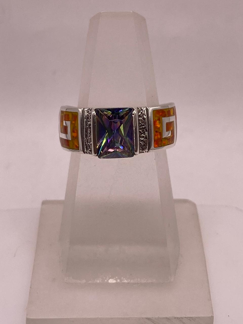 Anillo Greca de Plata 950 con Ópalo de Fuego y Zirconia, vista superior